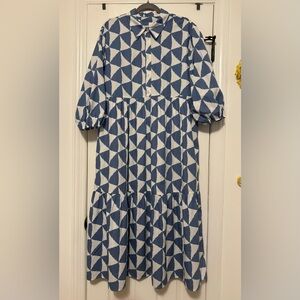 Anthropology Bettina Midi Dress - Maeve Blue and White Geometric